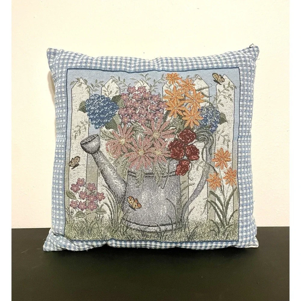 Cottagecore Pillow Blue Border Watering Can Overflowing Wild Flowers‎ Tapestry